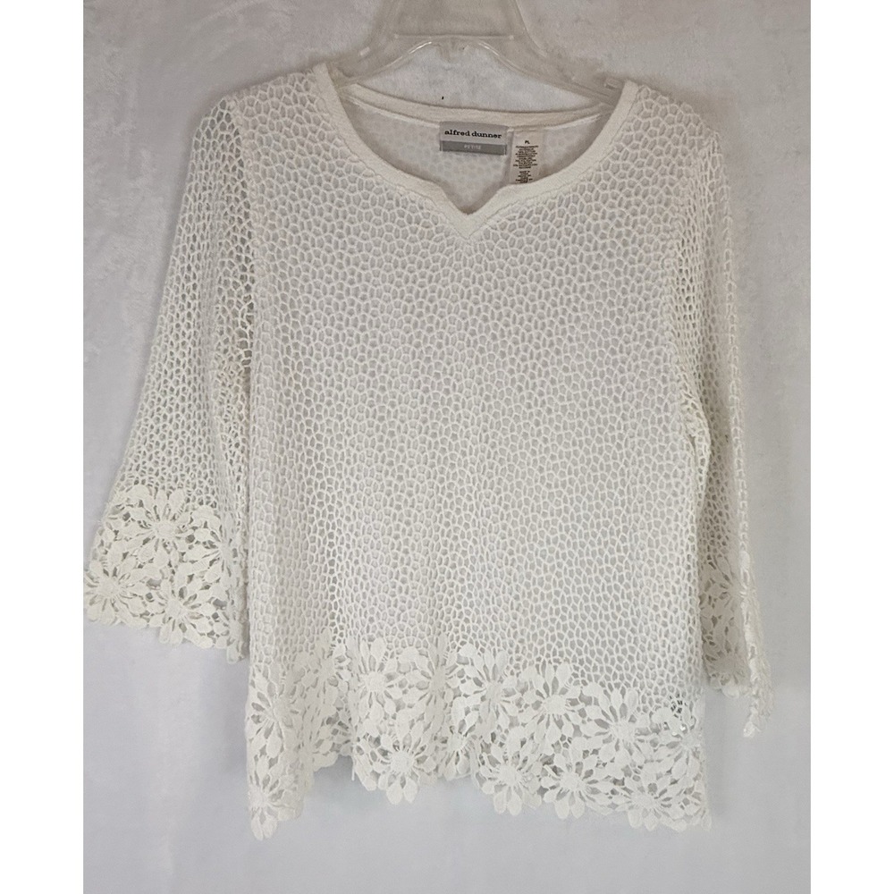 Alfred Dunner Petite White Crochet Lace Top Boho Cottagecore PL Romantic